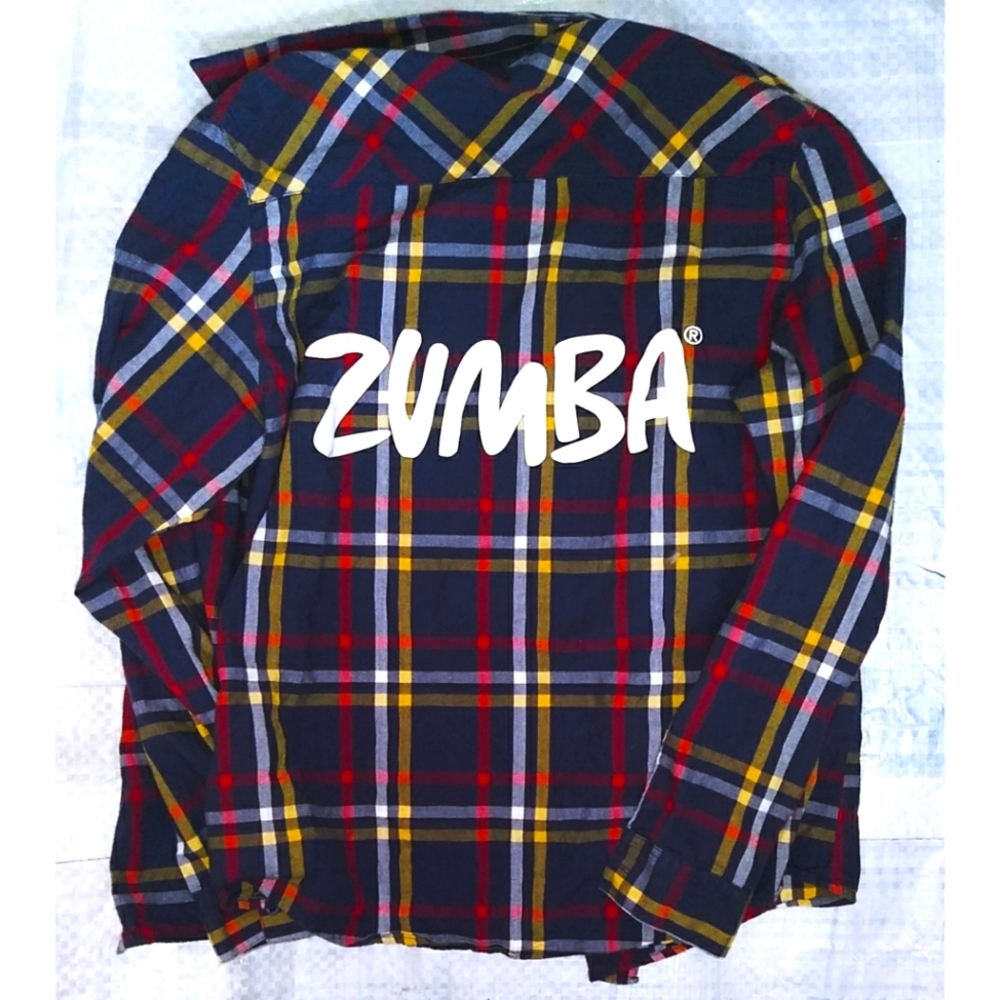 Zumba Plaid Button Up Long Sleeve Shirt size Large or Small Navy Blue Yellow